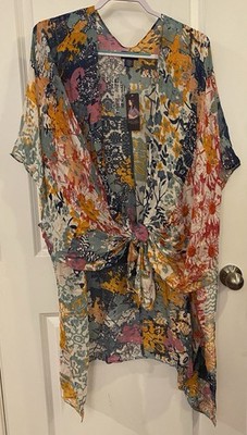 Rachel Roy Cover Up Kimono NWT Sz OS Sheer Floral Print Tie Front Or Wear Open