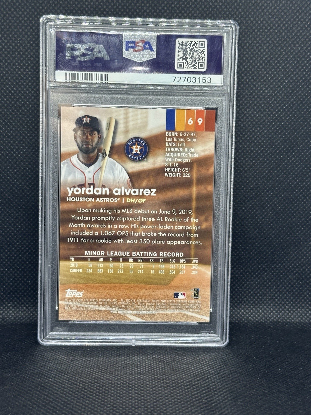 2020 Topps Stadium Club Chrome X-Fractor Yordan Alvarez (At-Bat) #69 RC PSA-9  view 2