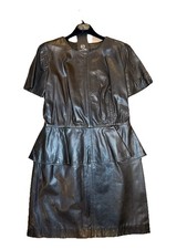Alexander McQueen Black Leather Short Sleeve Peplum Pencil Dress IT 44 US 8