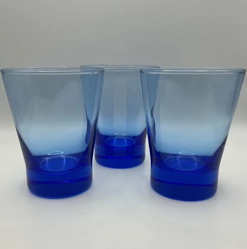 863 Vintage Libbey Cobalt Blue Heavy Base 12 Oz Rocks Tumblers Flared SET /3