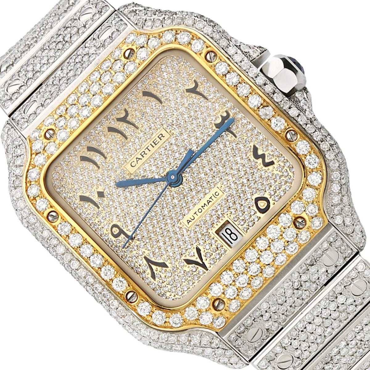 10CTW Natural Diamond Cartier Santos WSSA0018 Pave Arabic Dial