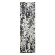 2'6"x8'3" Gray Abstract Design Wool and Silk Hand Knotted Runner Rug R75080