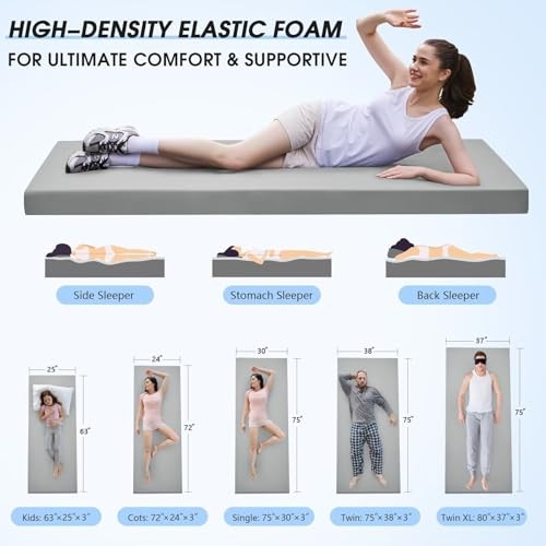  Memory Foam Camping Mattress Pad,3inch Sleeping Pad for Cot:72*24*3 GREY