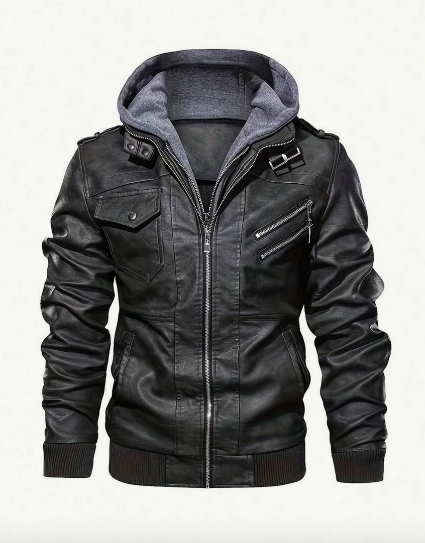Men's Collar PU Faux Leather Bomber Jacket Zip-Up With Removable Hood - product detail image 1