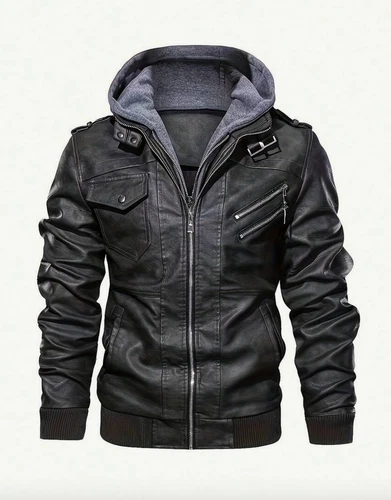 Men's Collar PU Faux Leather  Bomber Jacket Zip-Up With Removable Hood video thumbnail