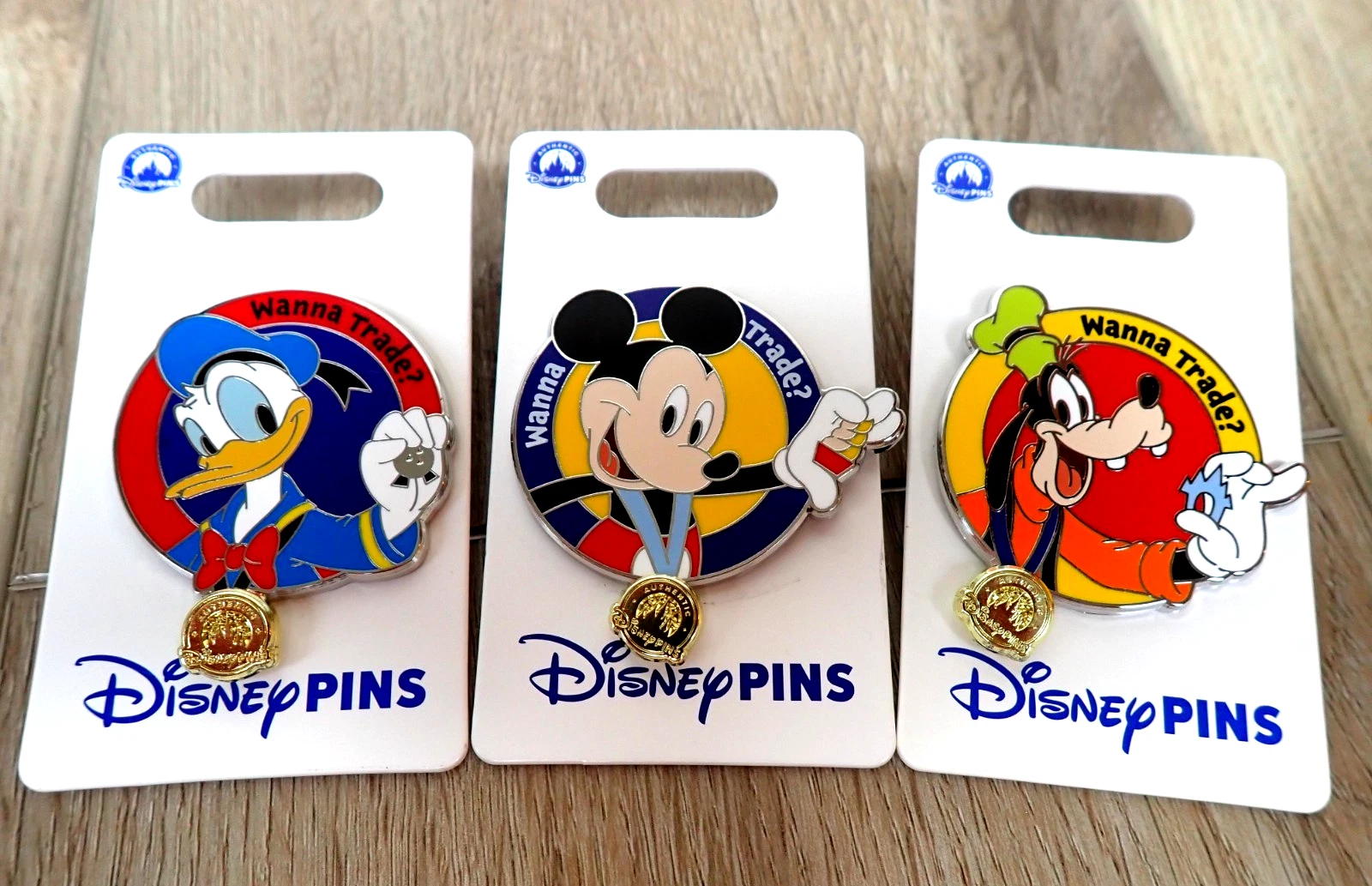 3 NEW DISNEY WANNA TRADE MICKEY DONALD DUCK GOOFY TRADER PIN SET