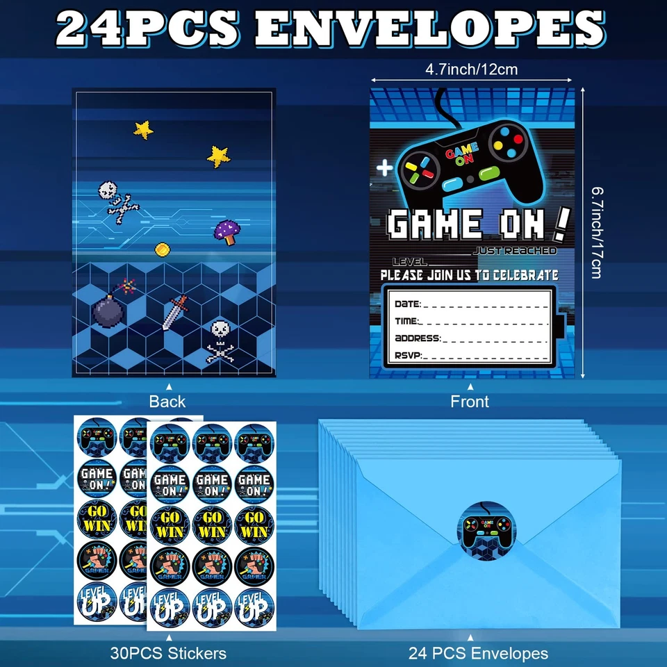 24 Video Game Party Fill-in Invitations with Envelopes for Boys Birthday - Image 2 of 4