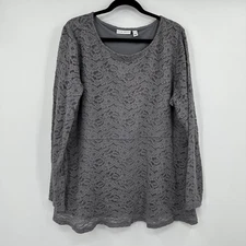 Susan Graver Gray Lace Overlay Long Sleeve Tunic Top Women's XL
