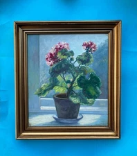 Lars Kliim (1881)  Windowsill still life.   Geranium in Sunlight,  c.1930s.