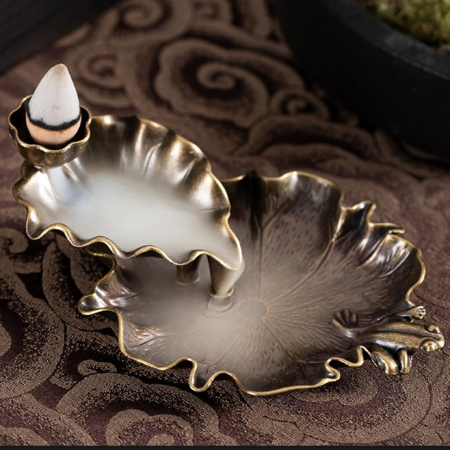 Waterfall Incense Cone Holder Lotus and Frog Bronze Backflow Insense Burner Meta