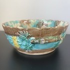 Antique French Majolica Bowl 11” Handle to Handle Turquoise Glaze Floral Relief — photo 2