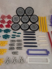 Assorted KNEX K&rsquo;nex Pieces Lot Of 65 Connectors / Rods / Wheels / Tires STEM