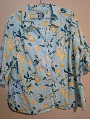 Catherines 1X 18/20W Plus Blue w/Yellow Lemons Print Button Up Shirt Linen Blend