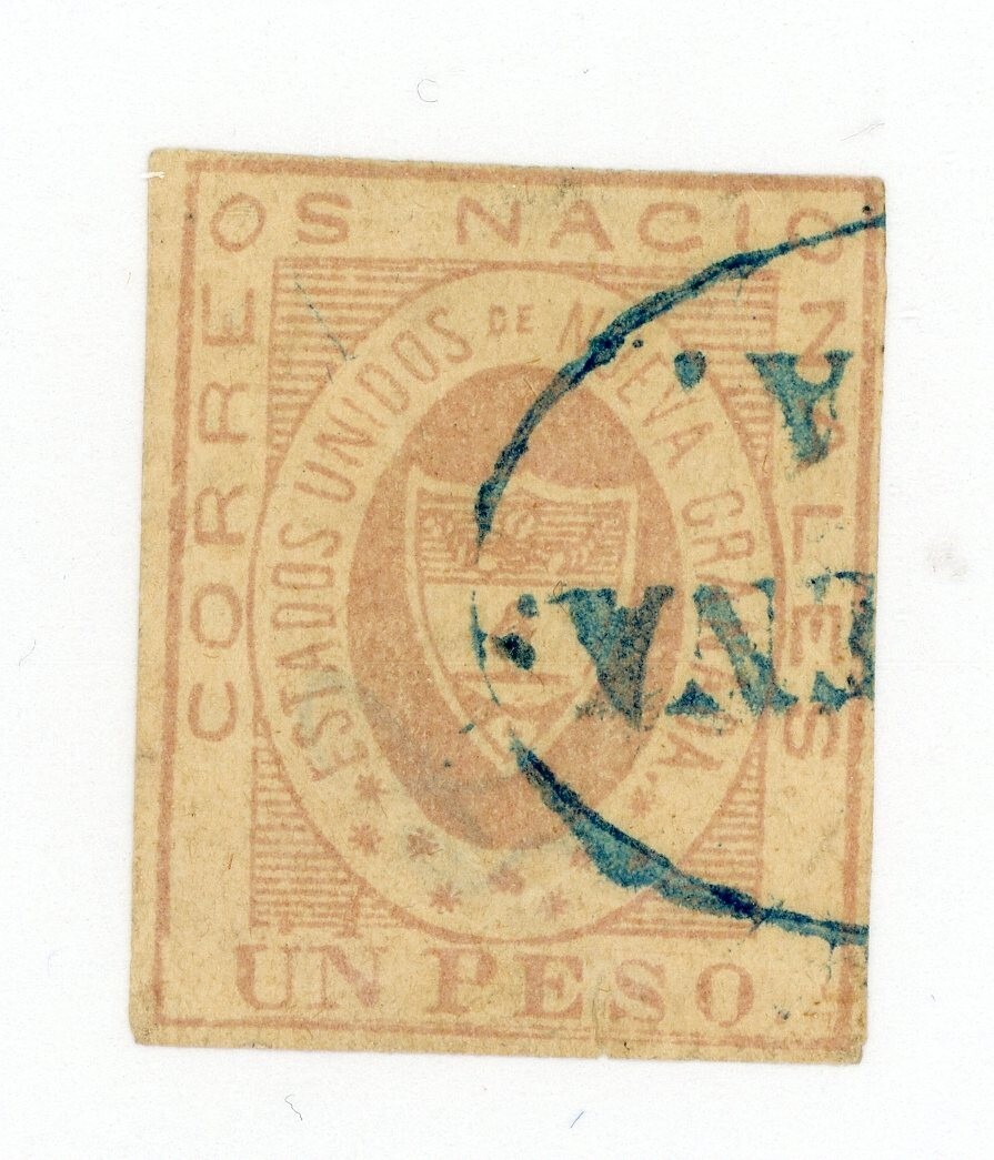 COLOMBIA SC # 18 CARTAGENA BLUE CANCEL TIN NATURAL THIN MINUTE TEAR ON BOTTOM