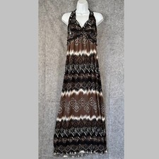 Y2K Slinky Stretchy Liquid Knit Halter Maxi Dress Womens Large Aztec Brown