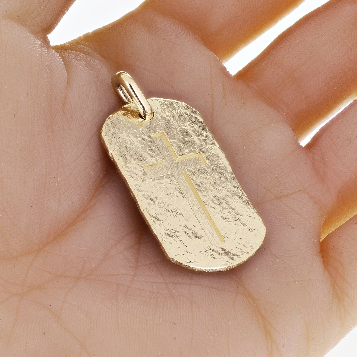 14k Yellow Gold Hammered Finish Dog Tag with Cross Charm Pendant
