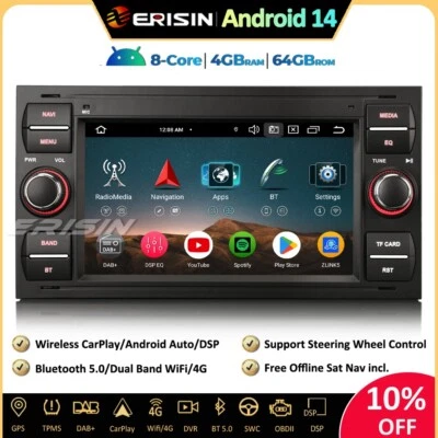 ERISIN 8-Core Android 14 Autoradio GPS FM Ford Fiesta Focus Transit Kuga C/S-Max Galaxy