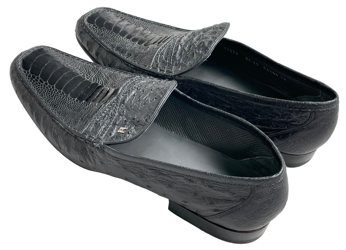 Mauri for Leightons Mens Size 11.5 E Loafers Black Ostrich Leather Made in Italy Black Ostrich Laced Loafer - Goodyear-welted Soles – ADORSI main image 4
