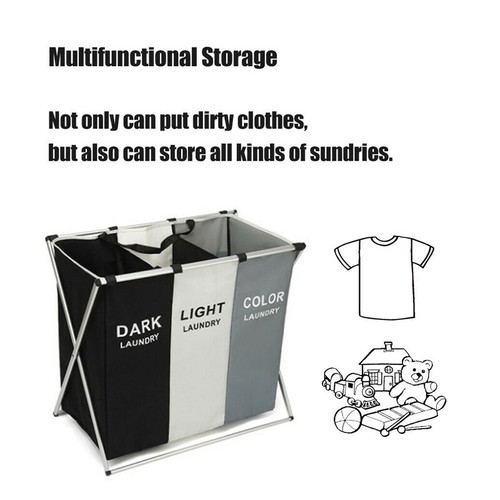 3 Sections Hamper Sorter Dark Light Folding Laundry Washing Basket Bag Holder AU - Picture 4 of 12