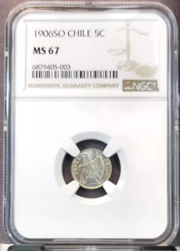 1906 CHILE SILVER 5 CENTAVOS 5C DEFIANT CONDOR NGC MS 67 EXTREMELY RARE TOP POP