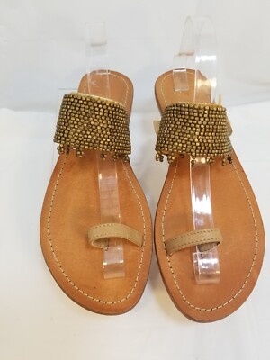 Aspiga Luna Women's Handmade Gold Beads Brown Leather Flat Sandal 42 / US 11.5 M