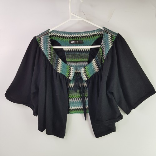 Sabatini Merino Wool Crop Cardigan Womens Small Black Green Aztec Tie Relaxed