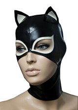 Unisex Black Latex Hoods Cat Ear Mask Cosplay Mask Party Rubber Catsuit Bodysuit