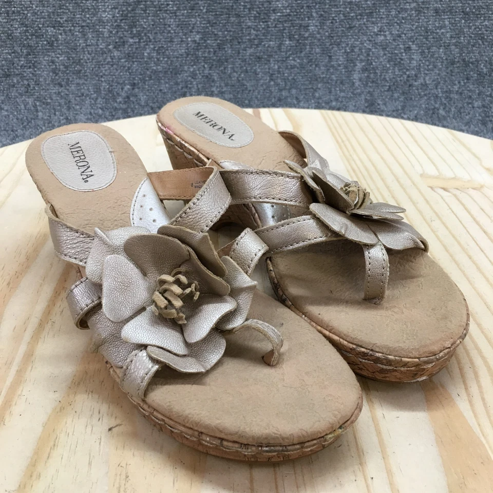 Merona Sandals Womens 8 Wedge Slides Brown Leather Casual Cork Flower Slip On - Image 3 of 4