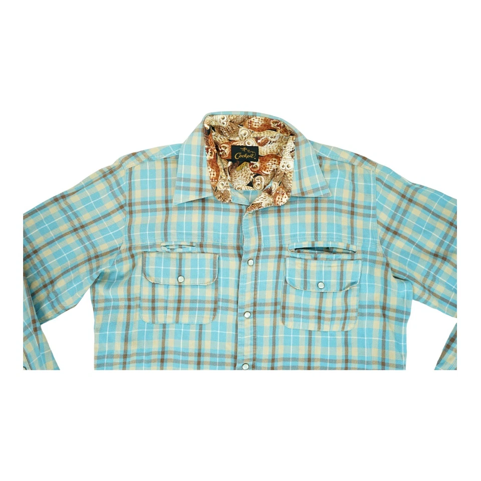 Camisa xadrez masculina Cockpit EUA grande L azul xadrez estampa de coruja com botões - Imagem 2 de 4