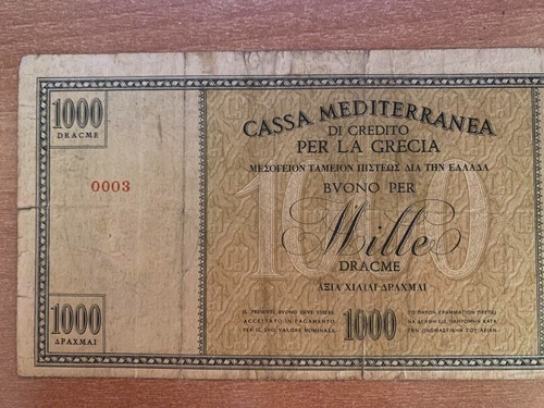 Greece 1000 Drachma Dracme 1941 L@@K CASSA MEDITERRANEA ITALIAN OCCUPATION RARE - Picture 5 of 5