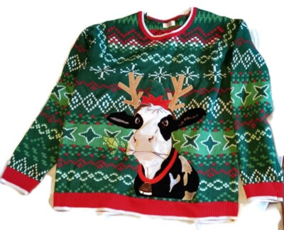Holiday Time Ugly Christmas Sweater COW with Antlers Bell XL 46-48 Green  Red