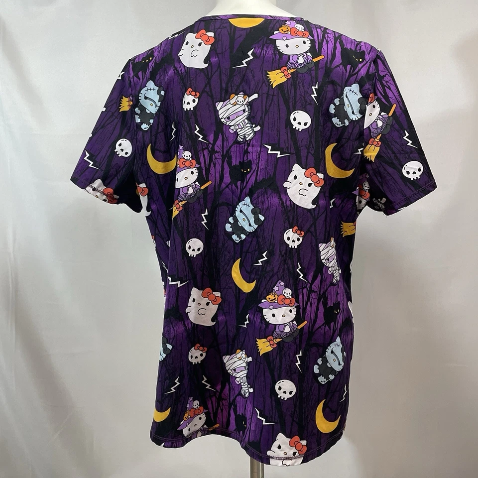 Halloween Hello Kitty Scrub Top Large Purple Night Fun Witch Cat Ghost Mummy - Image 4 of 4