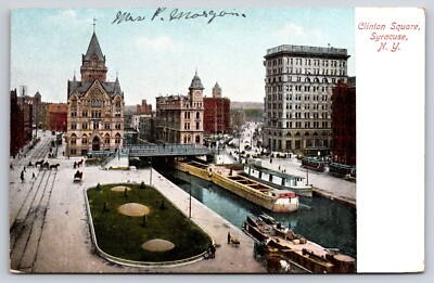 Syracuse NY Clinton Square Antique Postcard William Jubb Printing Street Boat