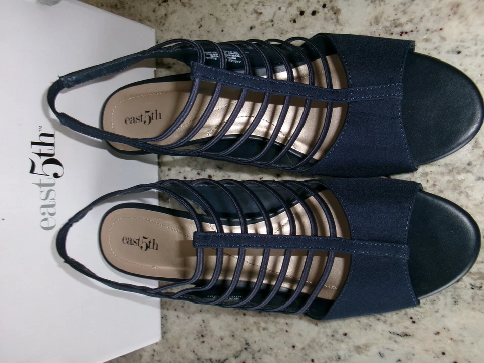 East5th Size 9,5 Medium Navy Blue Strappy Sandals 2 3/4" Women's Heels - Image 2 of 4