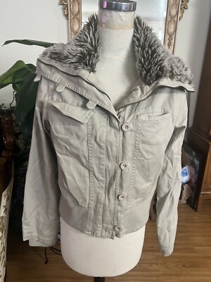 Doki Geki Jacket Small Full Zip Hooded Beige Cotton Flap Pockets Lightweight