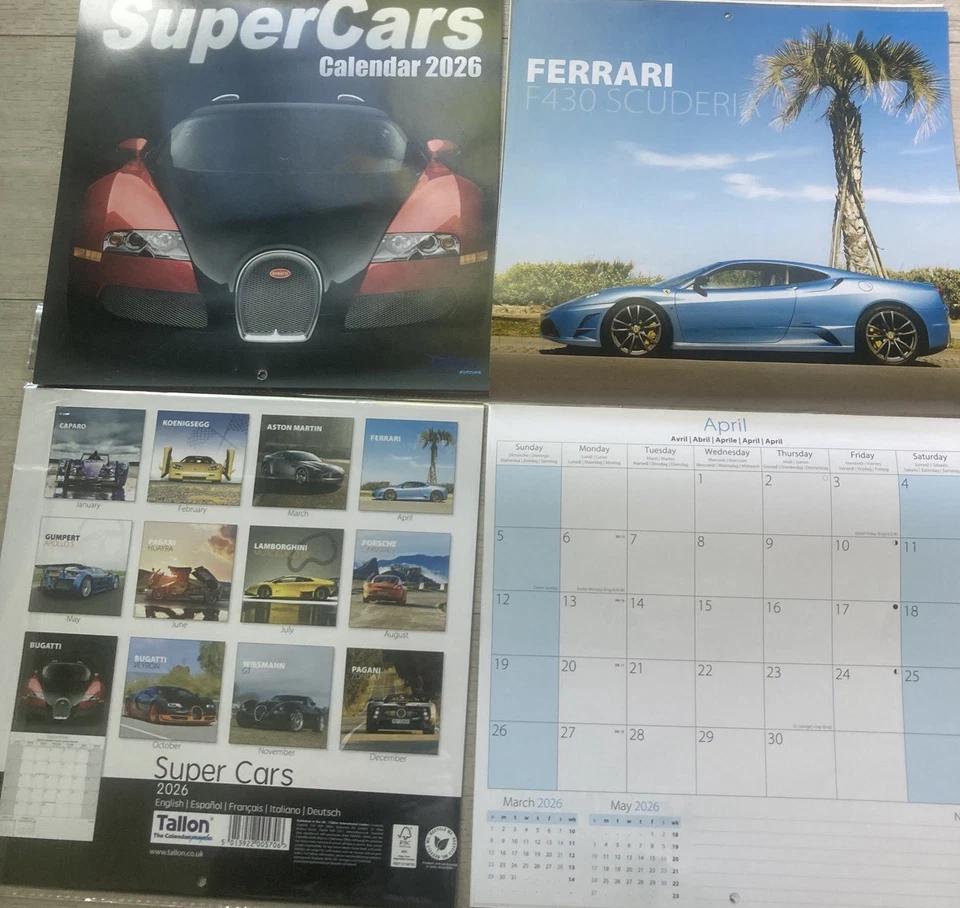 2026 Traditional Square Calendar Month View Wall; 58x29cm. SUPER CARS