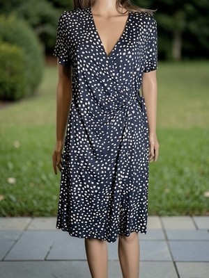 Nicole Miller L Navy Wrap Dress Tan Scattered Dot Stretch Jersey Knee Faux  Wrap | eBay
