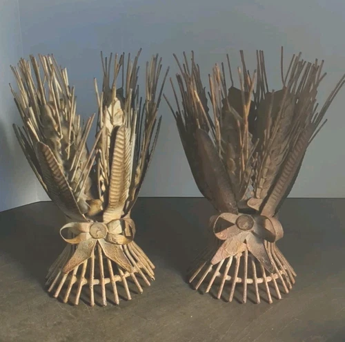 2  WHEAT Taper Farmhouse CANDLE HOLDERS Golden Rustic Aged Metal See