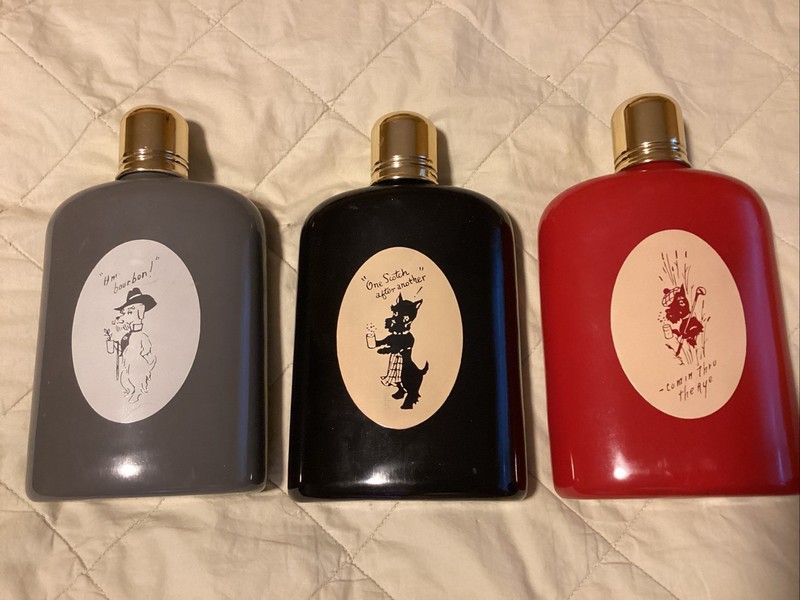Vintage Scottish Terrier Comin Thru The Rye Glass Liquor Flask Set Of 3 Preowned