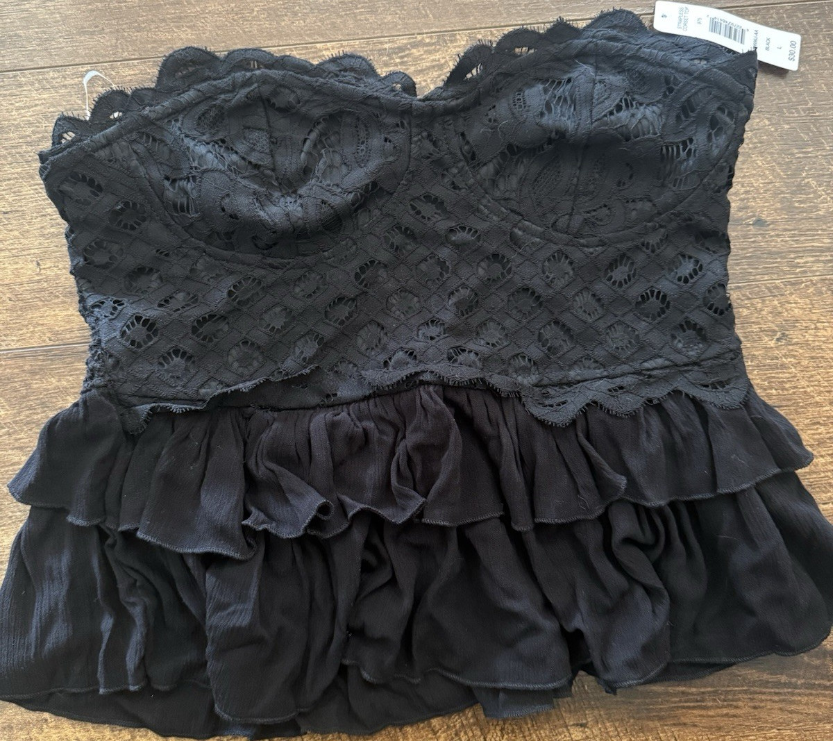 Justify  Black Lace Strapless Tube Top L Sweetheart Smocked Ruffle Hem