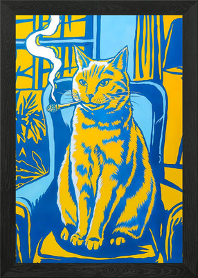 Coole Katze raucht Gras gerahmtes Wandbild Poster Leinwanddruck Bild