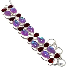Triplet Fire Opal, Garnet Gemstone Handmade 925 Sterling Silver Bracelet 7-8"