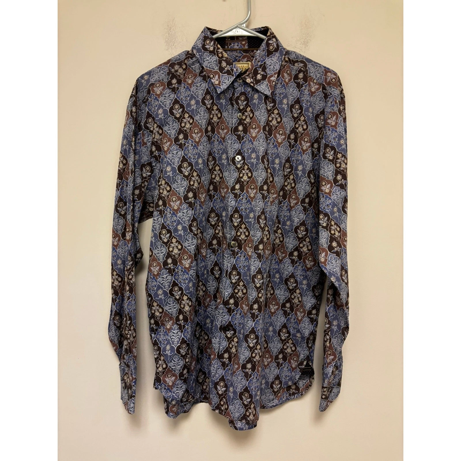 Vintage Italia Floral Blue Brown Long Sleeve Shirt Size Large