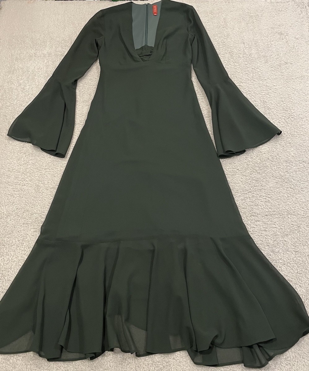 Staud Chiffon Maxi Dress Womens XS Bell Sleeve Ruffle Hem A Line | eBay
