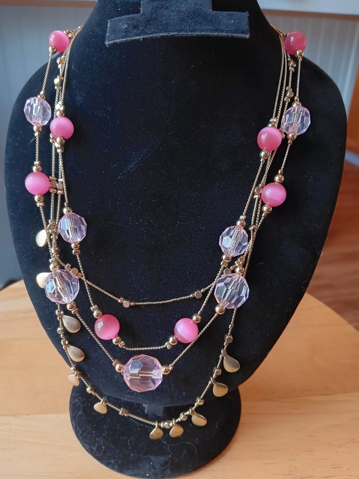 Multiple Strand Pink Clear And Solid Beaded Neckl… - image 2