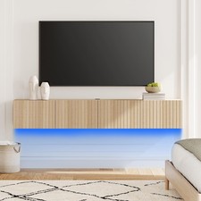 LED Fluted Floating TV Stand 4 Flip-Down Doors 80" TV Wall Mount Oak