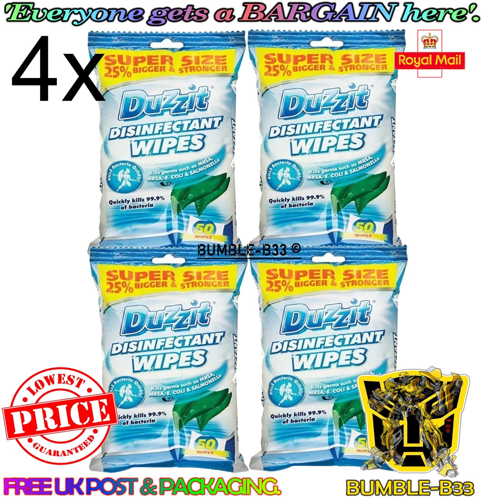 4x Duzzit Antibacterial Surface Wipes 50pk – Household Disinfectant