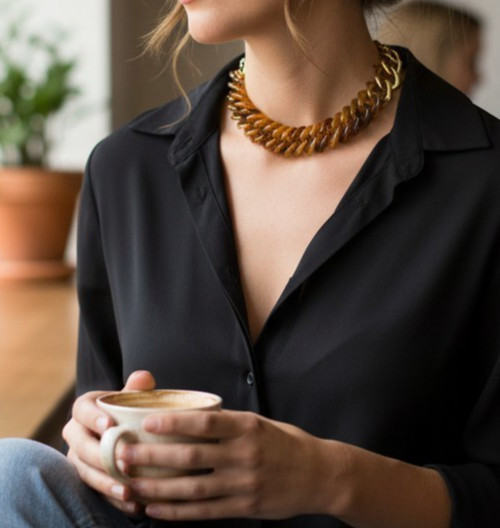 Talbots Gold Link & Tortoise-Pattern Necklace Chu… - image 1