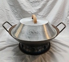 Vintage 14in. Carbon Steel 2 Handled Wok With Lid And Stand
