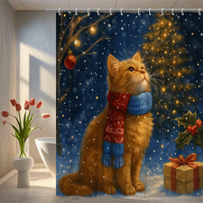 Cute Christmas Cat Shower Curtain with Snow and Holiday Decor
